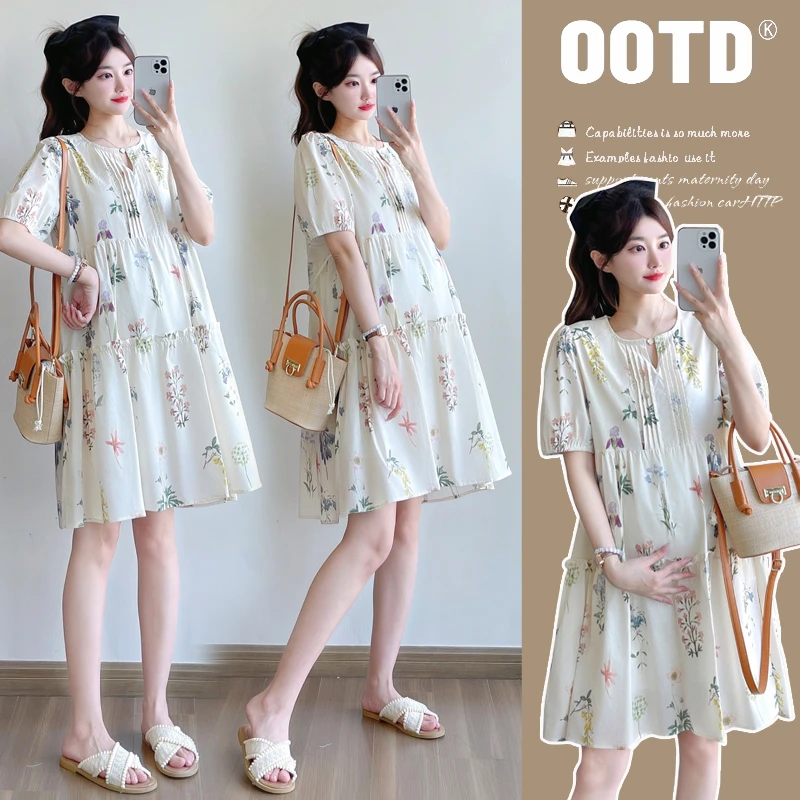 2025实拍夏装新款碎花小个子泡泡袖宽松初恋娃娃孕妇连衣裙