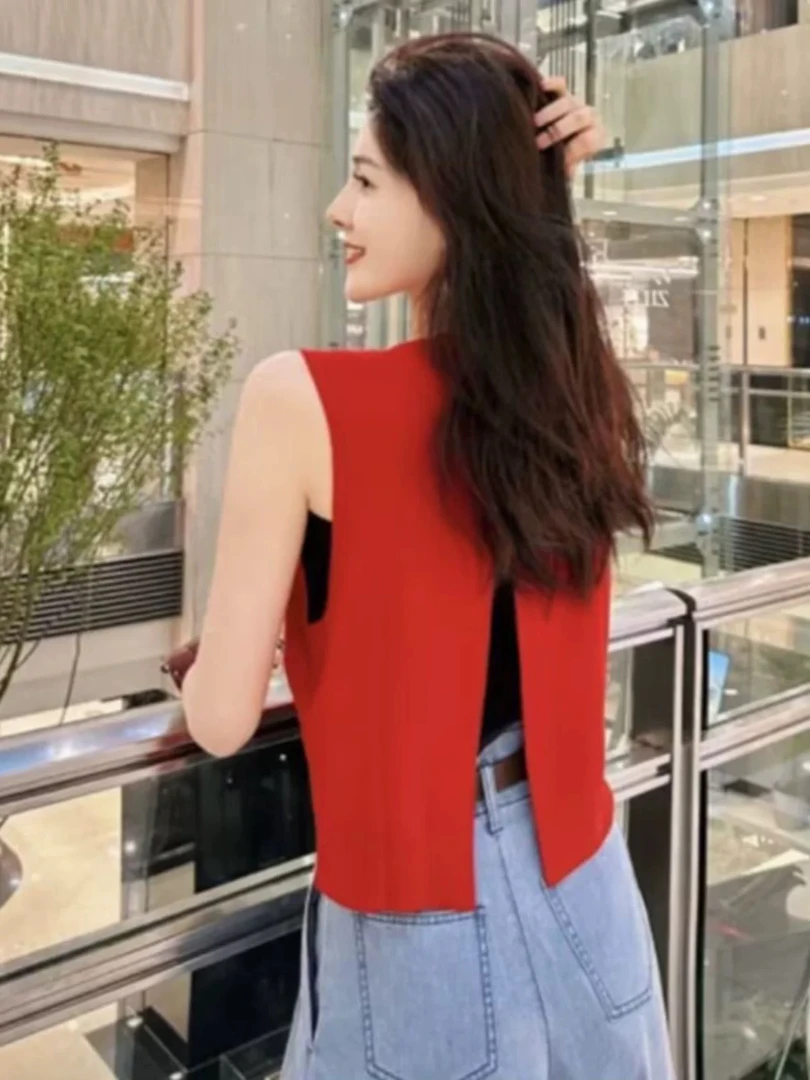 【商场同款】新款后背开叉圆领冰丝针织马甲背心百搭上衣女1300701
