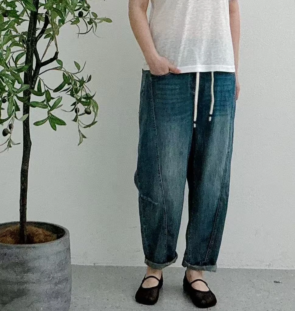 【xineba3】韩国2025抽带哈伦牛仔裤时尚哈伦裤简约舒适百搭