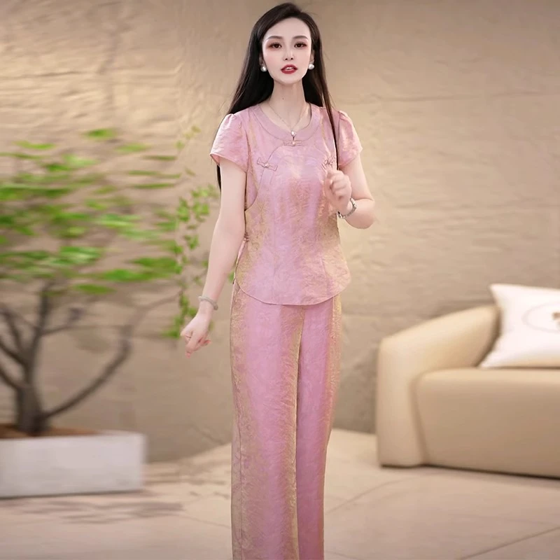 2025时尚气质套装夏季新款中式盘扣简约减龄宽松显瘦短袖两件套