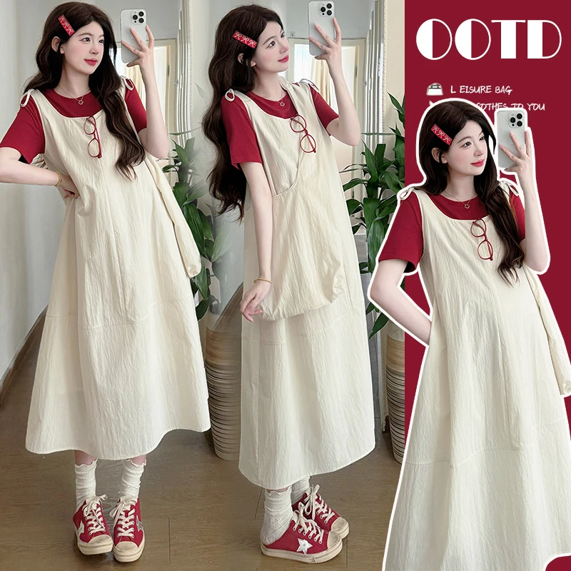 XIAOBU~孕妇装2025夏款韩系宽松减龄两面穿背带裙+短袖T恤两件套