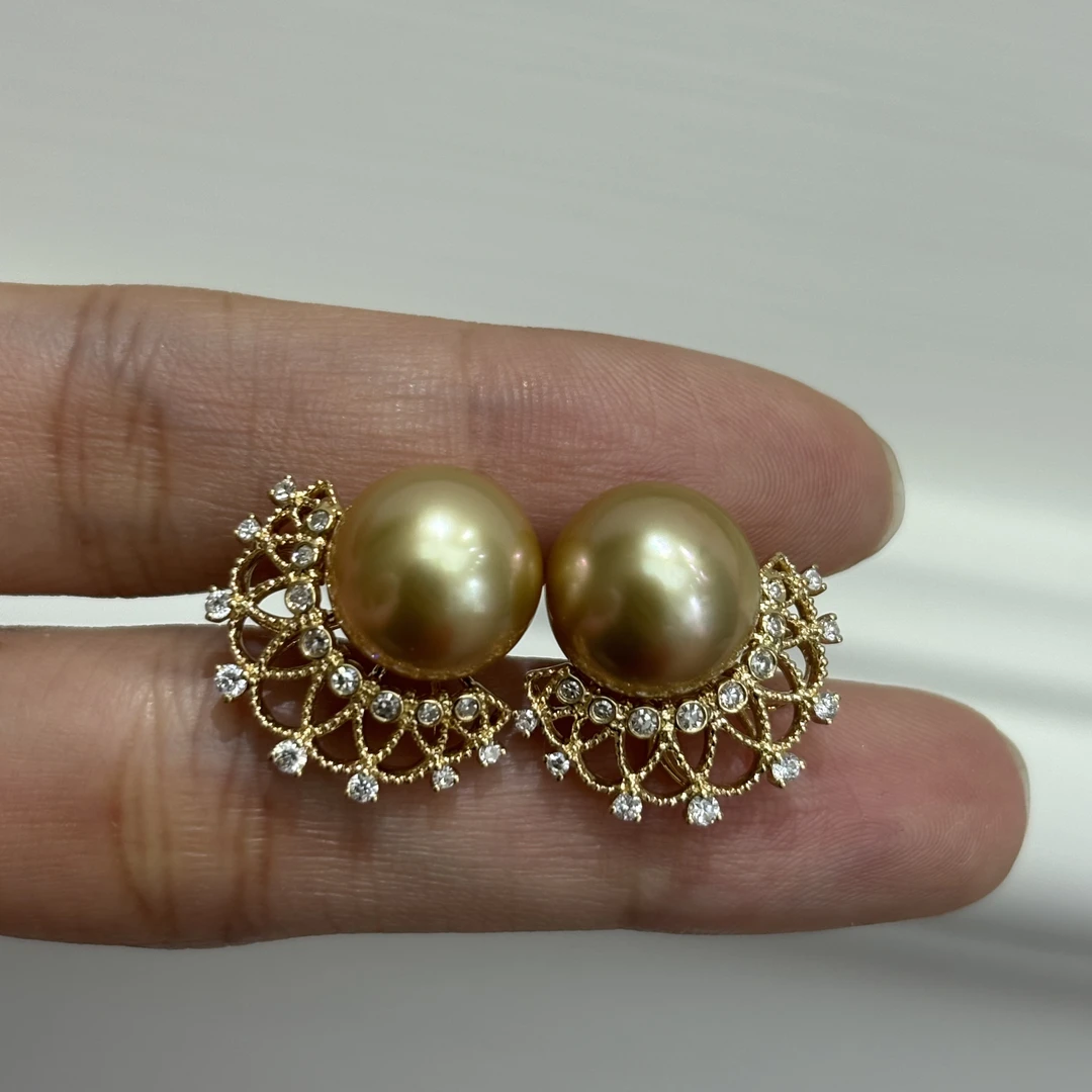 金珠耳饰金钻蕾丝复古贵气仙女必备正圆浓茶金11.3mm