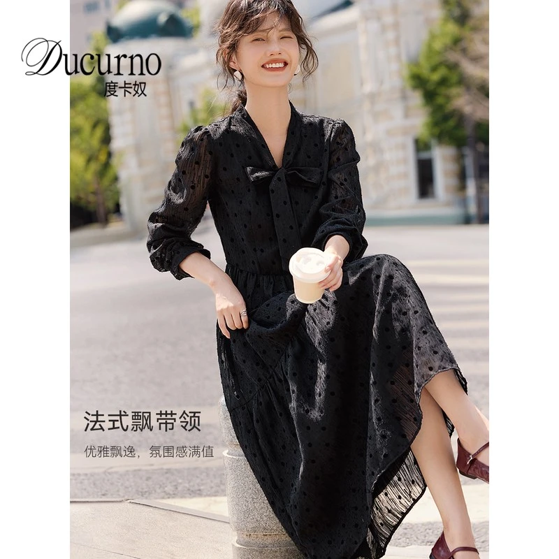 法式优雅飘带领长袖洋装连衣裙女装秋季新款波点提花气质休闲裙子