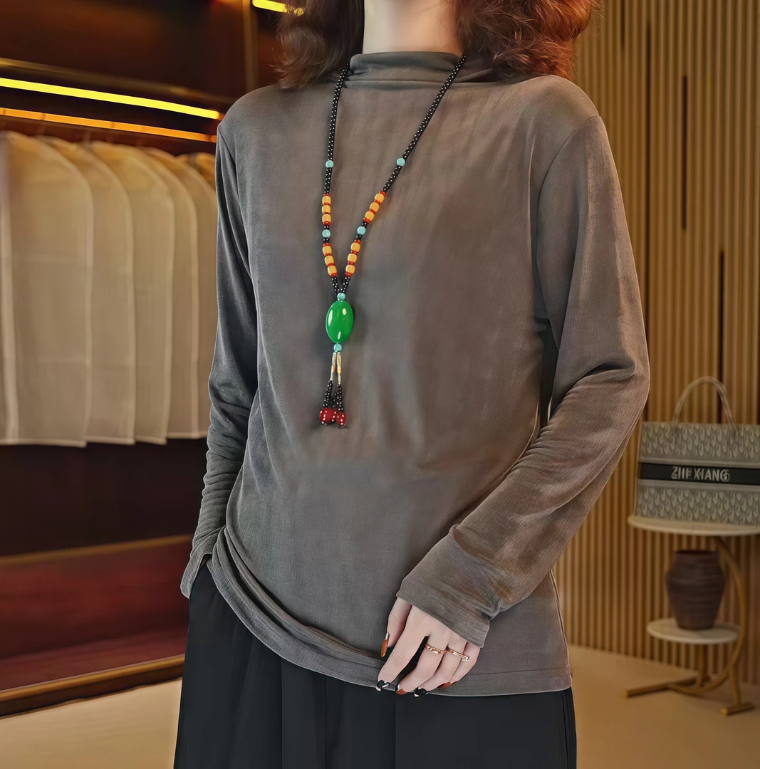 LX094-秋冬新款灰色高级感轻职风百搭堆堆领长袖T恤打底