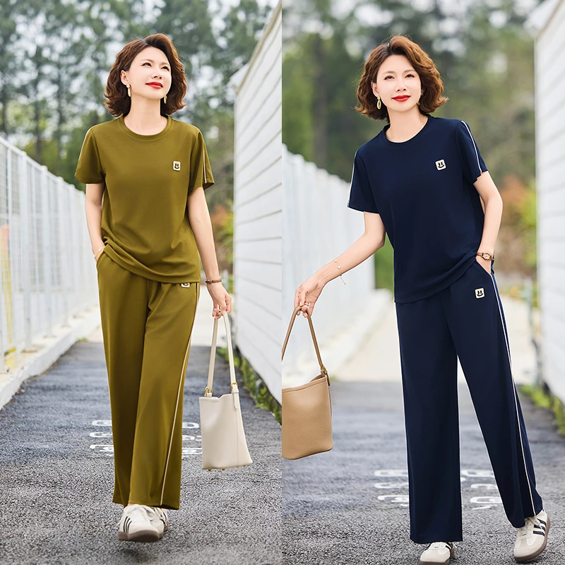 妈妈套装洋气两件套夏季新款中年宽松女装时尚夏装短袖休闲两件套