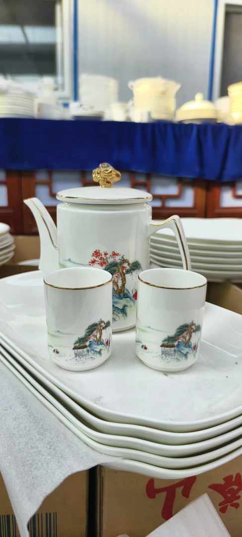 唐山骨质瓷一壶两个杯子陶瓷家用水杯茶杯手绘茶壶水壶描金茶具
