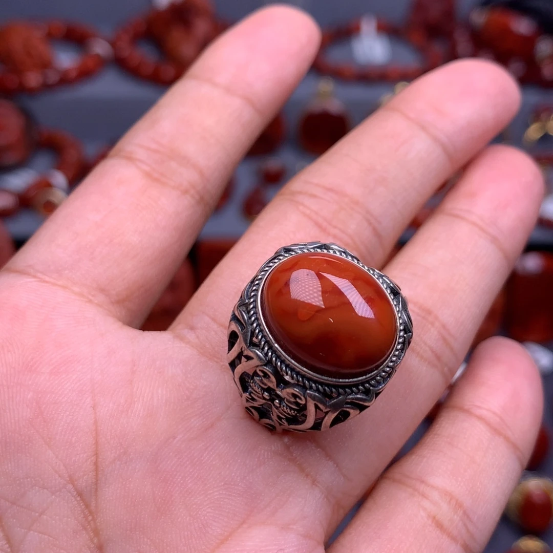 南红玛瑙银S925镶嵌珠宝奇石戒指