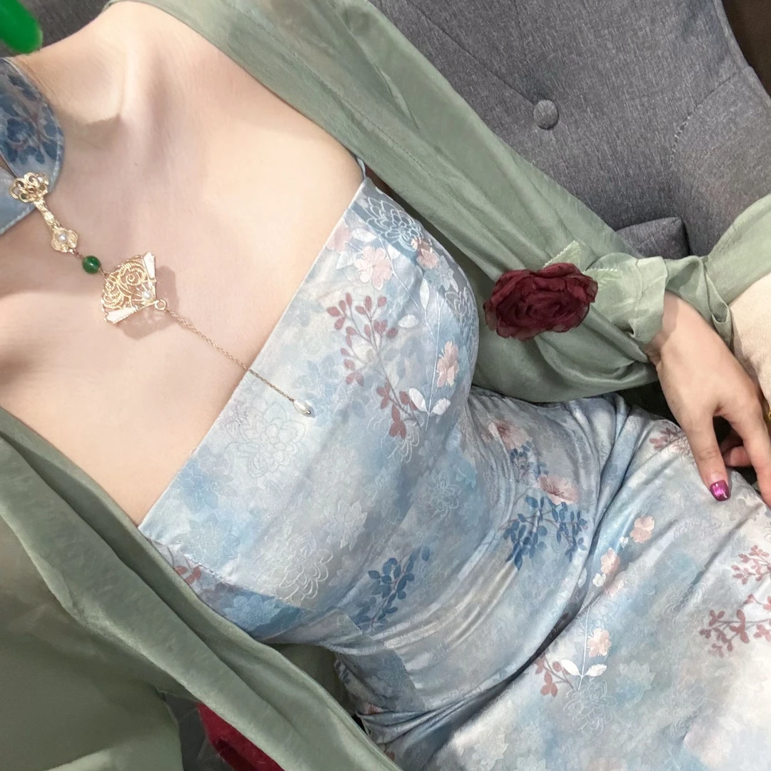 LHMknk1画报夫人原创自制新中式国风素雅温柔连衣裙 蓝木桥吊带