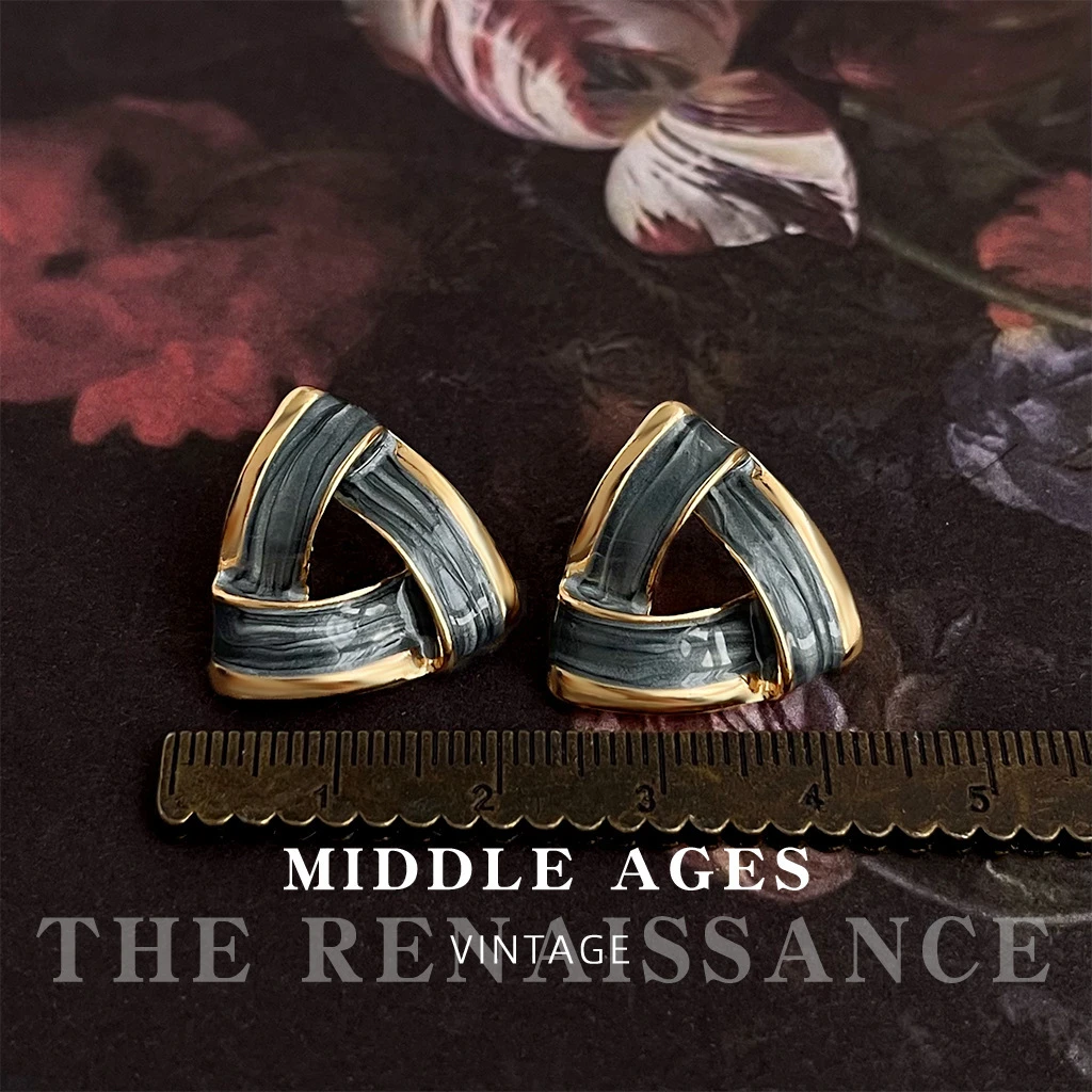 铜合金耳饰 中古滴釉三角形耳钉法式复古油画风耳环轻奢耳饰A4003