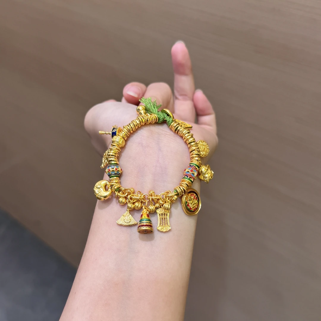 【菠萝珠宝】足金999 黄财神搭配算盘 风铃盘缠手串 净克重：54.41克