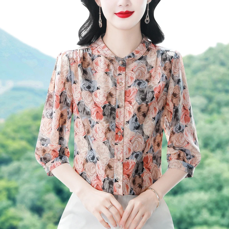 七分袖碎花立领印花雪纺衬衫女宽松遮肚夏季新款妈妈装时尚小衫