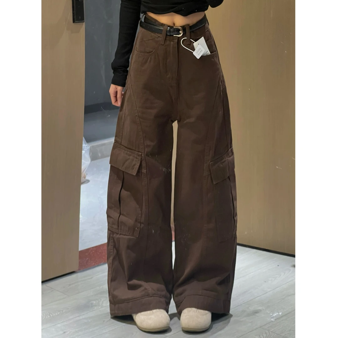 流光风小个子美式复古美拉德棕工装阔腿牛仔裤女宽松高腰显瘦长裤