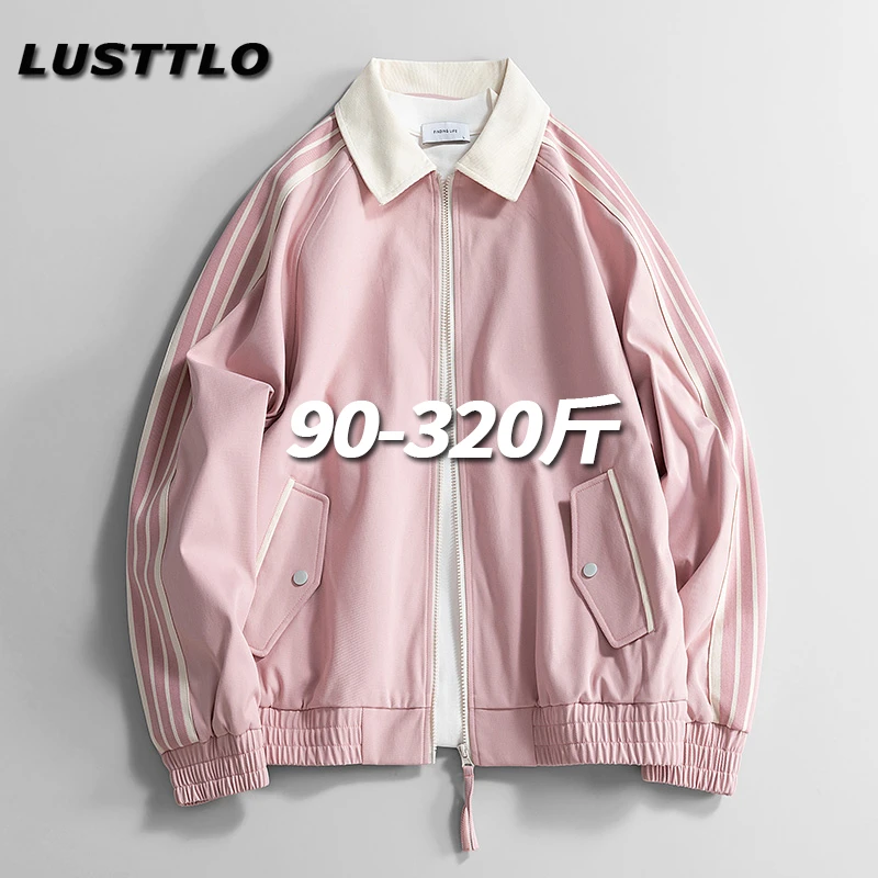 大码潮牌美式休闲条纹翻领夹克男士百搭宽松春季新款潮流帅气外套