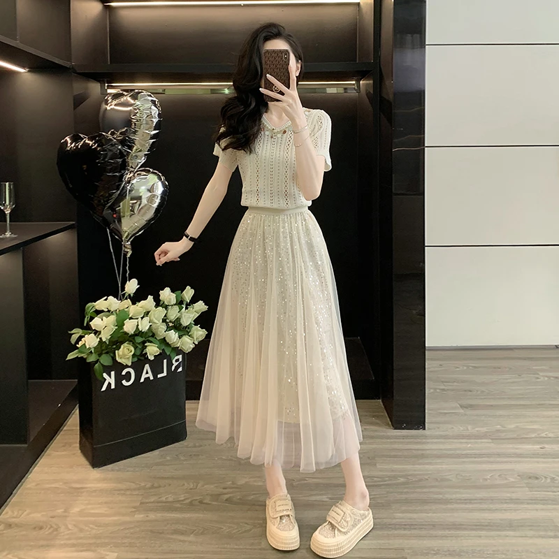 韩版小众炸街女2025夏季新款时尚套装减龄宽松针织衫中长裙两件套