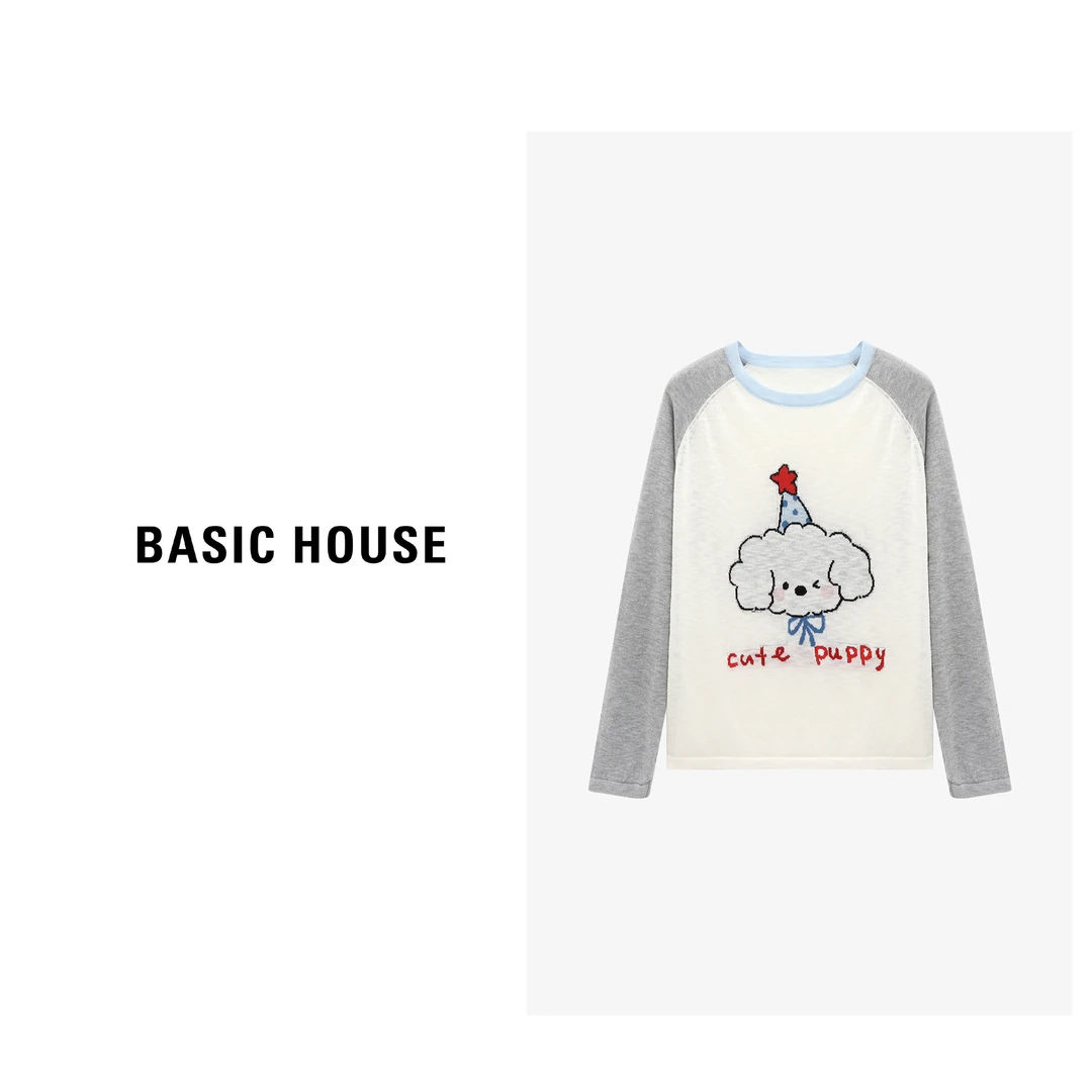 Basic House/百家好卡通印花插肩袖长袖圆领针织衫-B0625B5IPX2