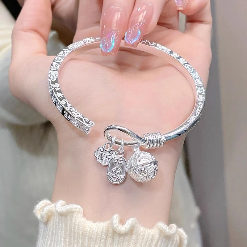 足银手镯 足银999吉言手镯女纯银实心新中式国风送女友情人节礼物