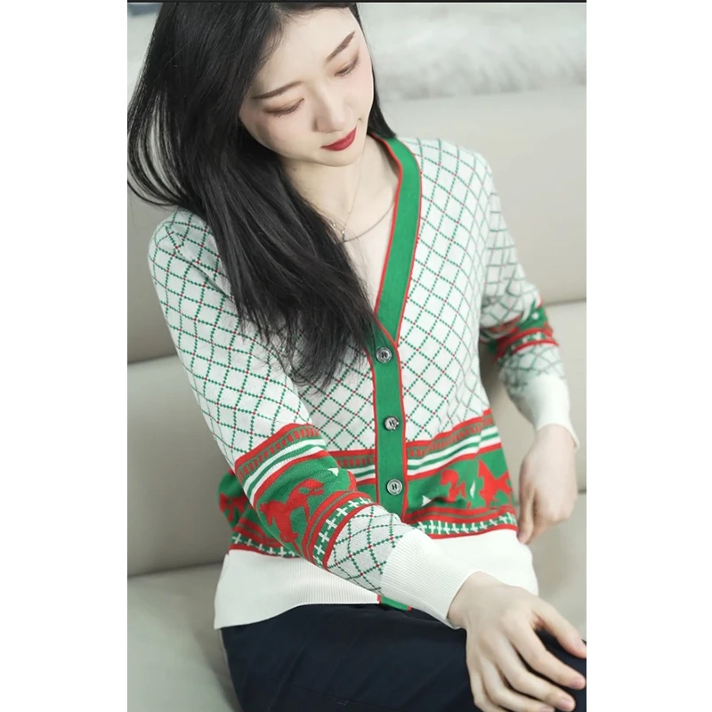 【曦光】CD148白色格子上衣女春季新款拼色V领气质休闲百搭针织开衫