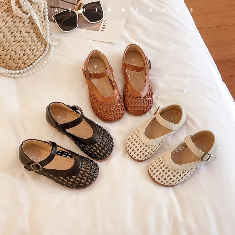 女童鞋子儿童公主包头凉鞋夏季软底镂空编织单鞋复古时尚沙滩鞋