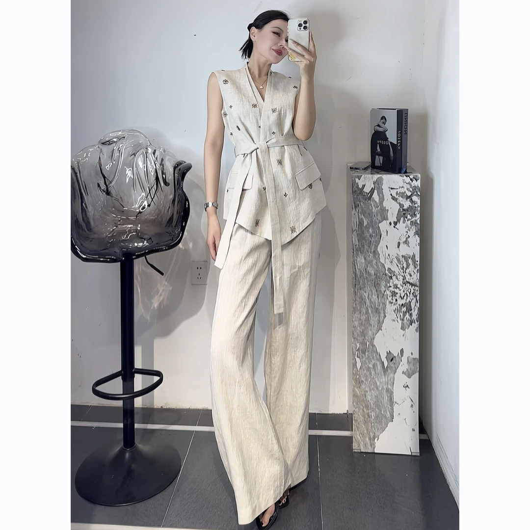 ZEROYK时尚套装2025夏季新款老钱风亚麻钉珠系带马甲阔腿裤三件套
