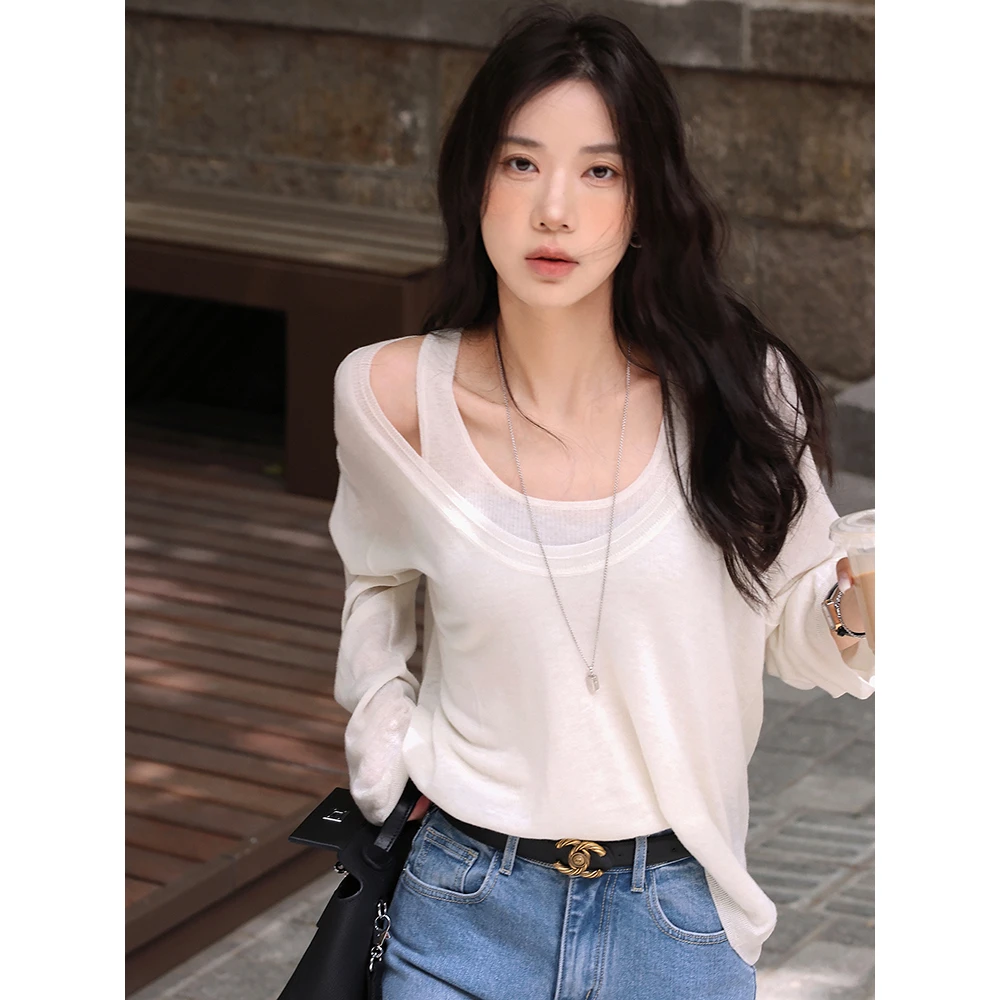 张贝贝ibell【省钱风】羊毛纱线u领 修身背心+纯色长袖针织衫两件套