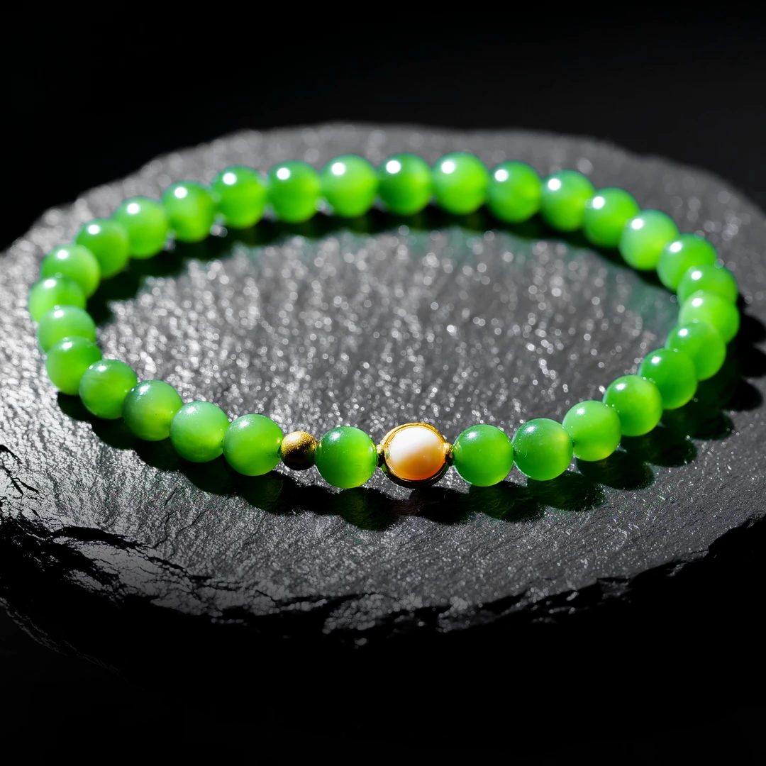 【小雨来了】18k金 和田玉6mm碧玉手串 玉手链 珠串 多样性发一件