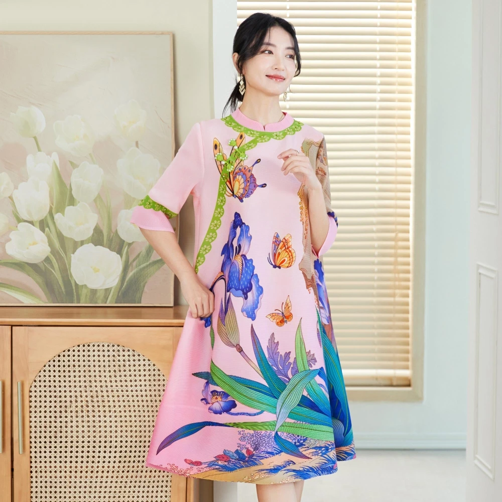 时尚女装洋气印花连衣裙2025新款妈妈春装气质裙子大码宽松褶皱裙
