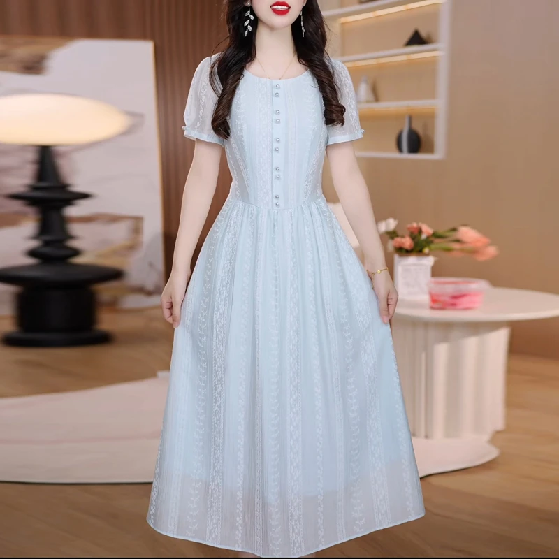 2025年夏季新款温柔气质甜美圆领连衣裙女收腰显瘦中长款时尚裙子