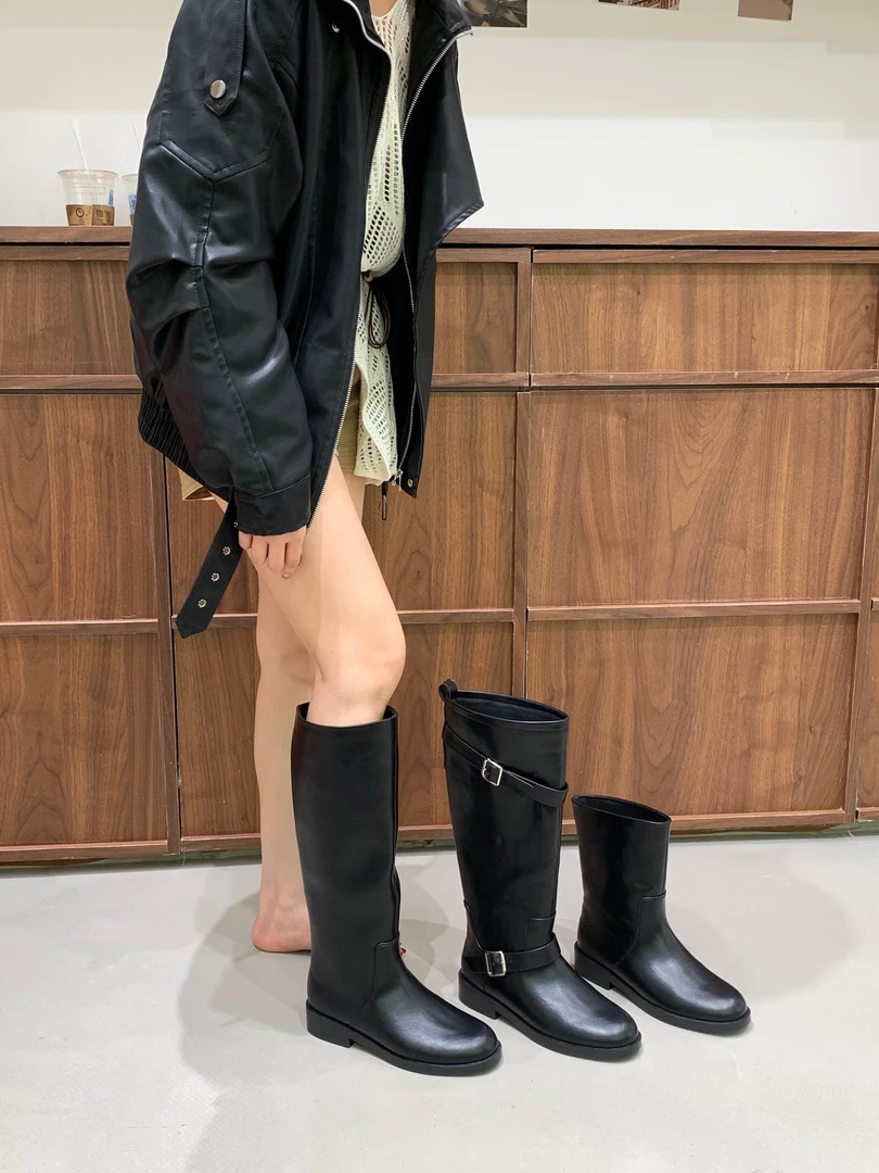 黑色系粗跟加绒不过膝长筒靴女圆头短靴骑士靴