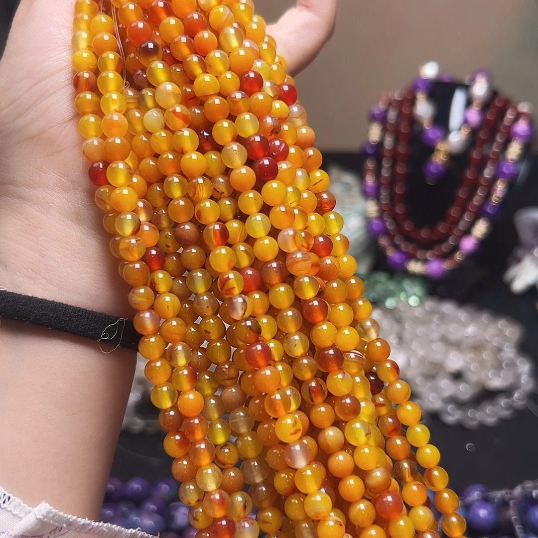 玛瑙/玉髓合金珠宝半成品M457黄胶花玛瑙圆珠6mm