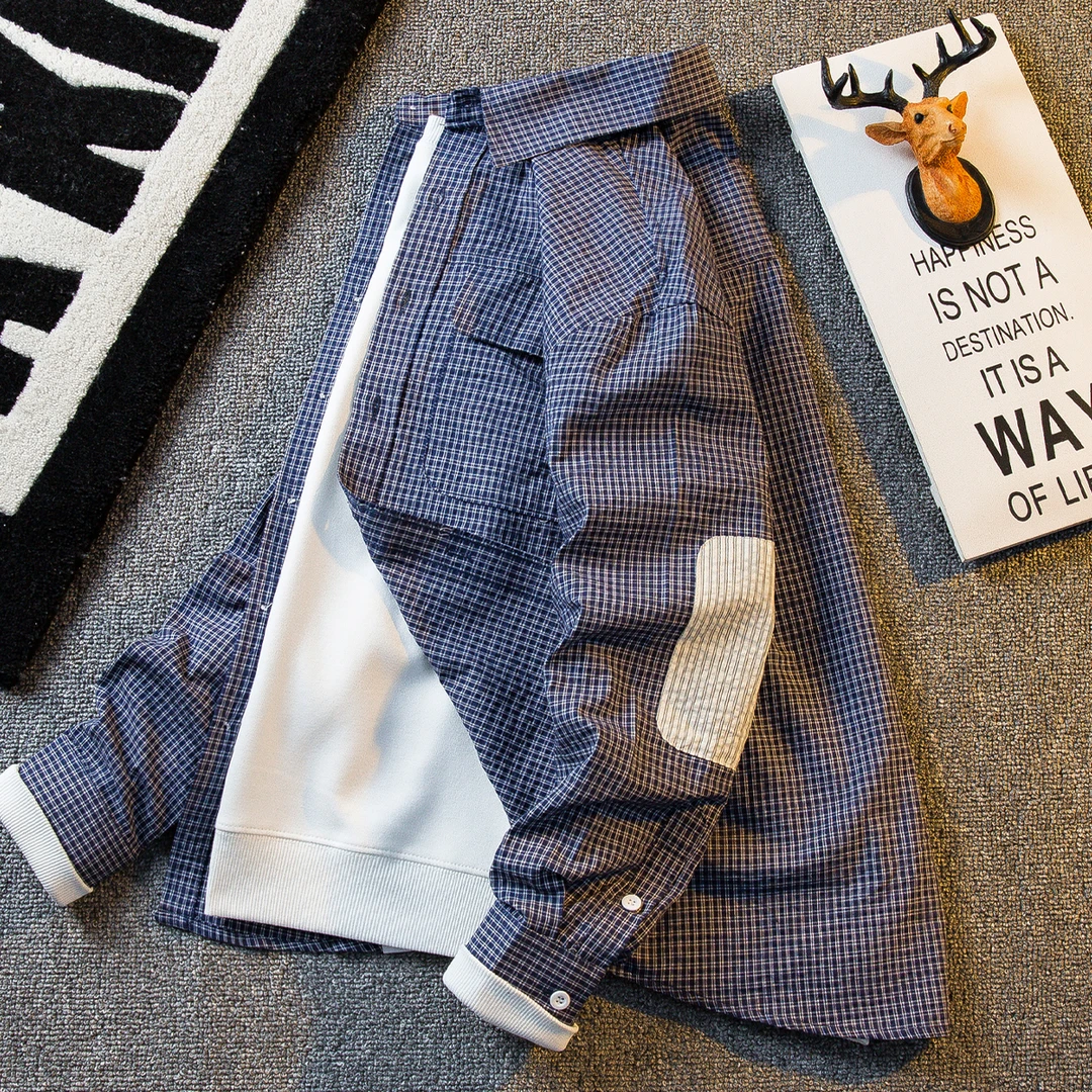 追属肌理感贴布补丁条纹衬衫男长袖春秋季男士痞帅休闲衬衣外套男