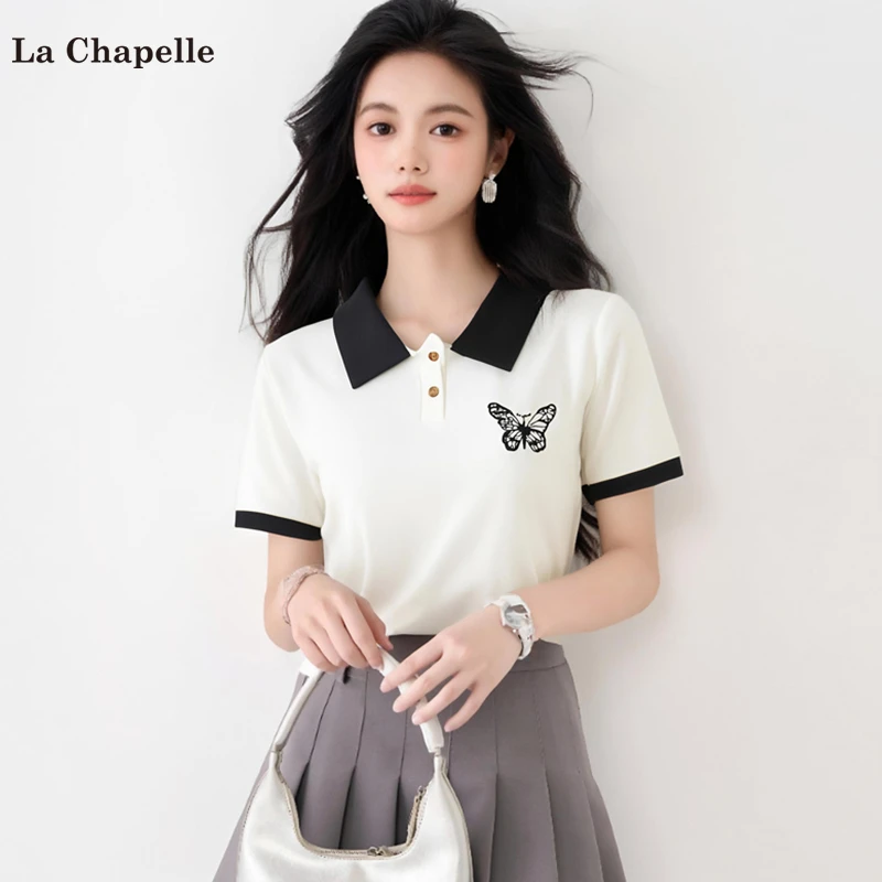 拉夏贝尔polo领短袖T恤女2025春季白色蝴蝶刺绣时尚别致小众上衣