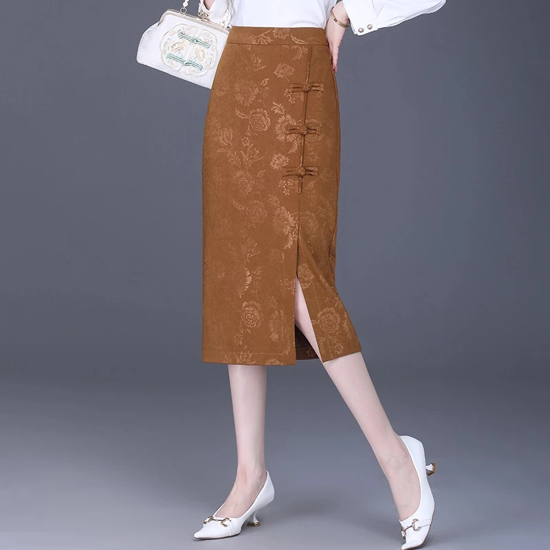 高级感显瘦半身裙女2025春季新款高腰复古开叉中长裙新中式国风裙