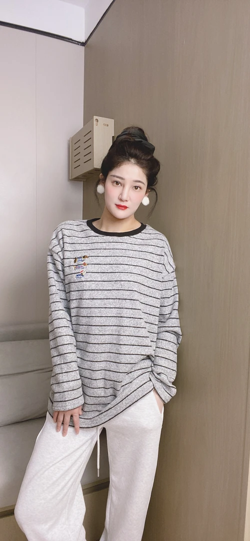 2024情侣圆领条纹新款加绒秋冬韩版字母卫衣宽松百搭长袖上衣