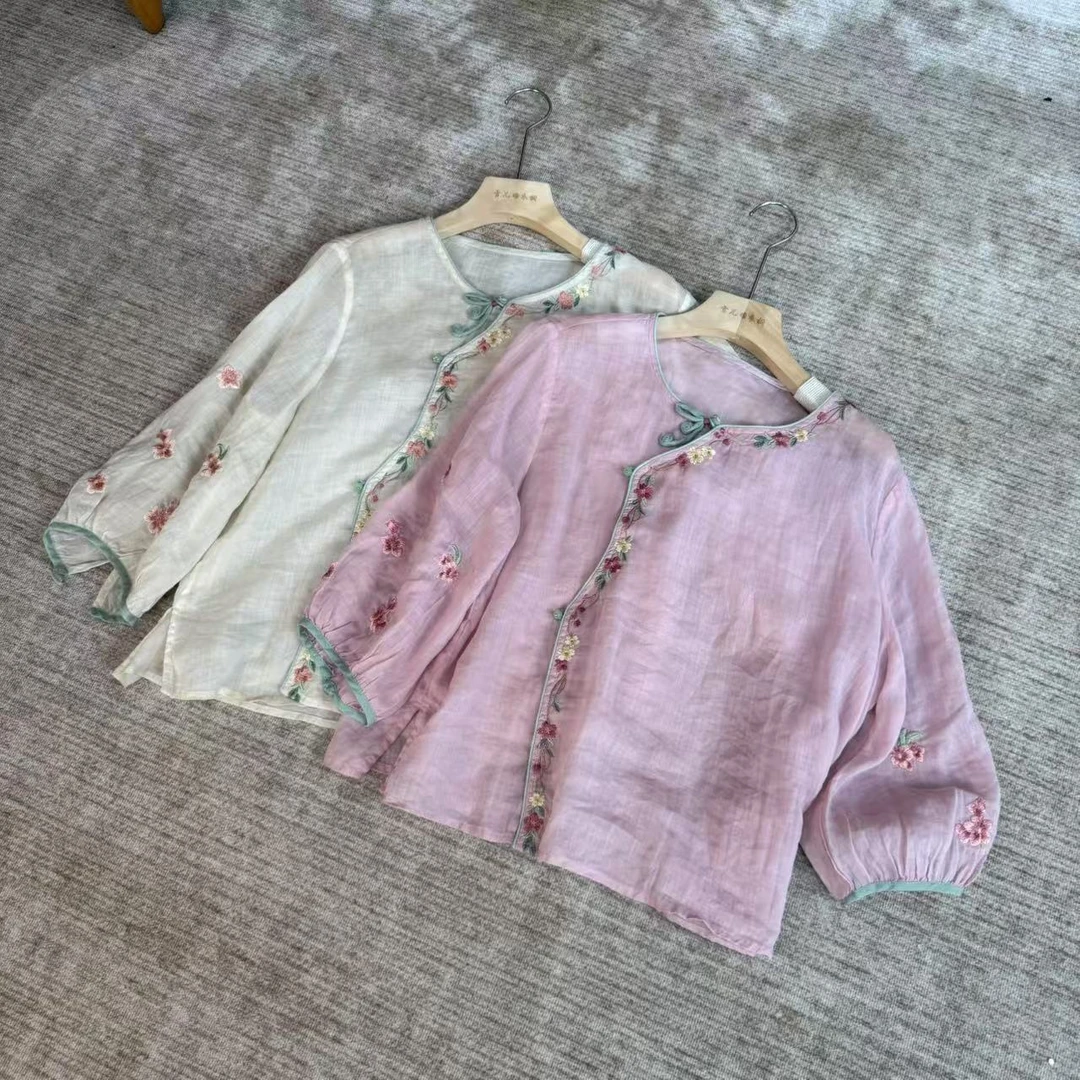 2507 国风中式斜襟盘扣刺绣苎麻衬衫女2025夏季新款时尚女装上衣