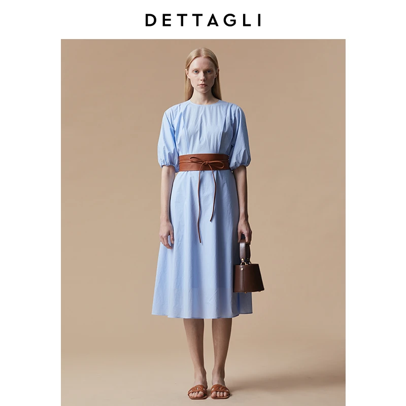 春夏复古立体感小灯笼袖收腰连衣裙女