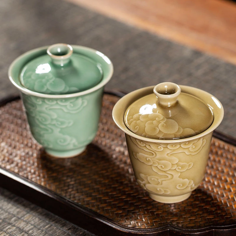 龙泉窑青瓷手工刻花两才盖碗茶杯陶瓷功夫茶具送礼泡茶碗单个家用