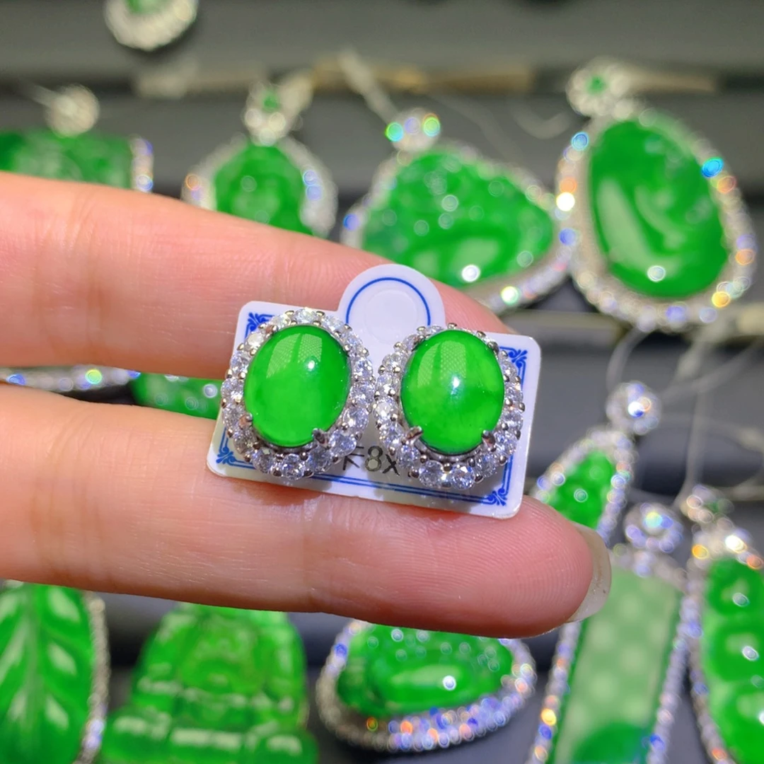 翡翠银S925镶嵌耳饰耳钉