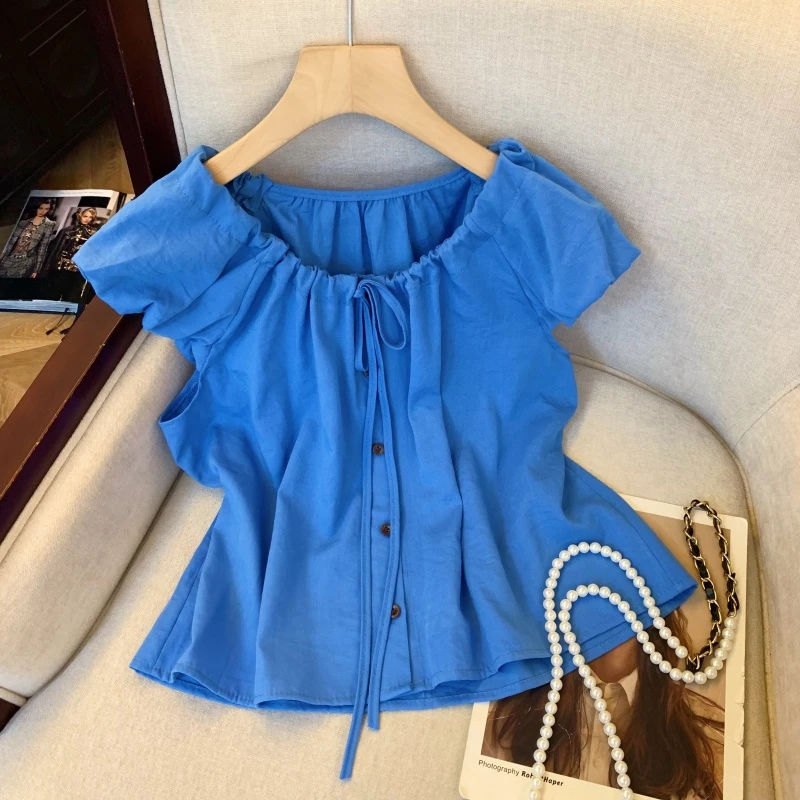 固质蓝色甜妹风系带小飞袖白衬衫2025夏季法式遮肚子宽松雪纺上衣