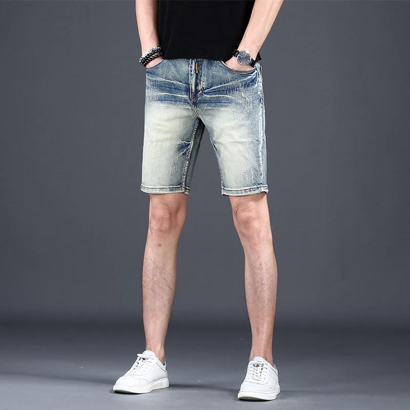 男士水洗做旧牛仔短裤夏季男装修身休闲直筒牛仔短裤男款牛仔裤