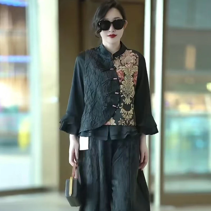 提花宽松大码开衫马甲背心外套短款中年妈妈时尚国风灯笼裤套装