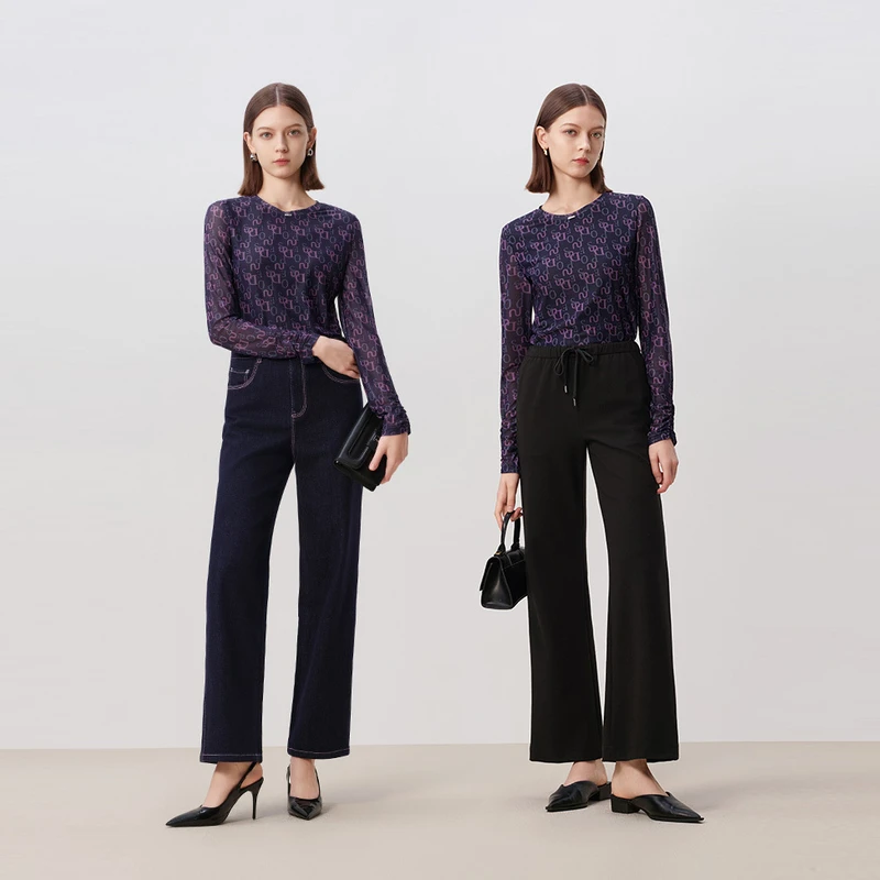 敦奴dunnu纱罗气质长袖针织时尚印花圆领提花黑色内搭上衣秋冬