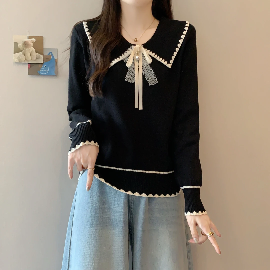 【80-180斤】蝴蝶结娃娃领针织衫上衣女秋冬季宽松显瘦洋气减龄毛衣