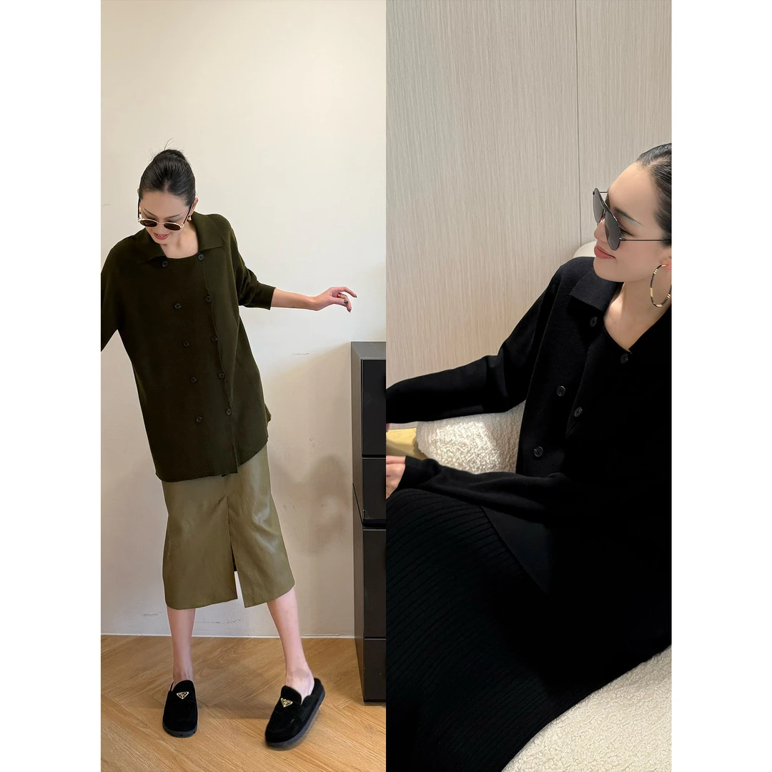 紫紫   松弛美polo   暖棒针肌理绵羊毛双排扣毛衣ZD09WMYL769