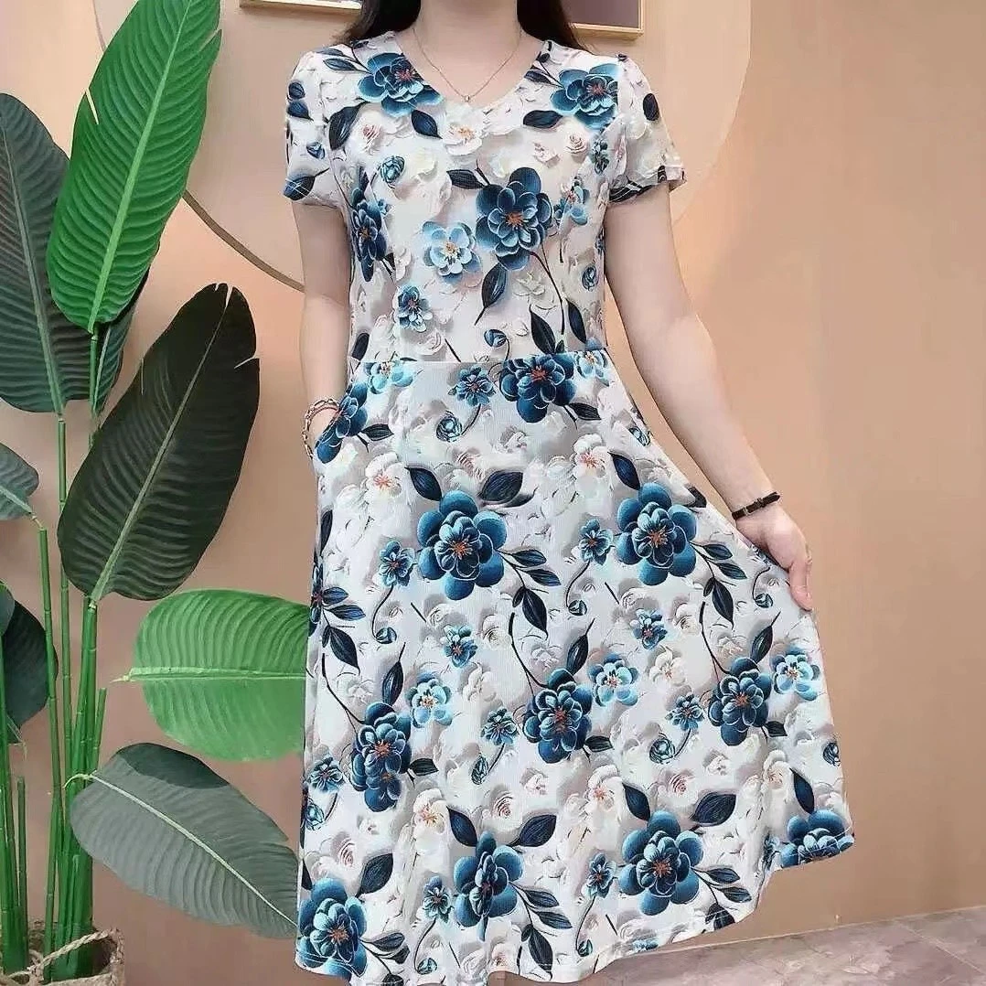 爆款立体浮雕蓝色妖姬印花v领中老年连衣裙中长款过膝女装裙子