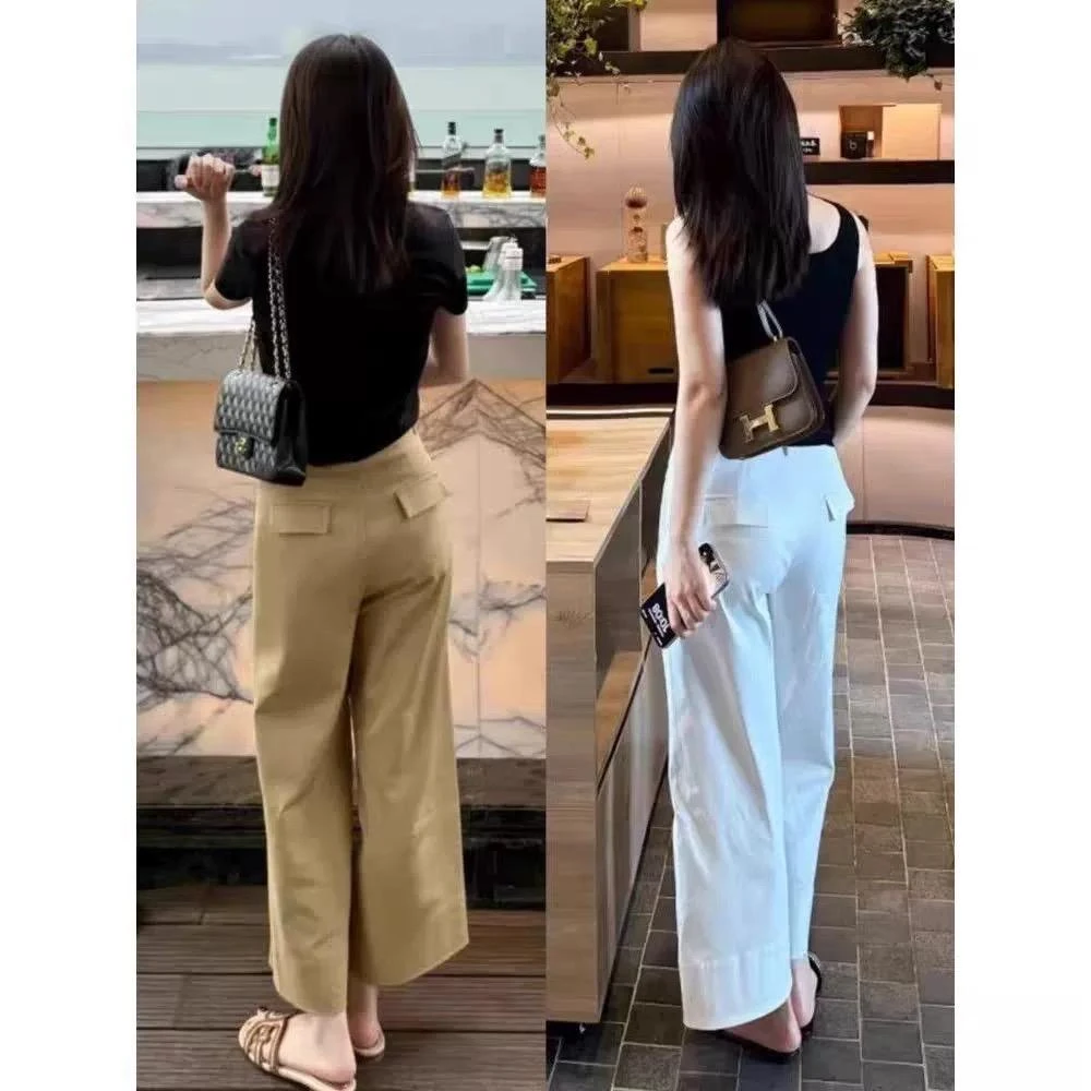 [现货+运费险】卡其色高腰直筒阔腿休闲裤显瘦身材小个子长裤