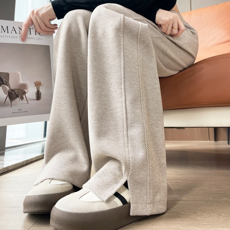 人字纹毛呢阔腿裤女秋冬垂感拖地裤高腰大码遮肉直筒裤宽松休闲裤