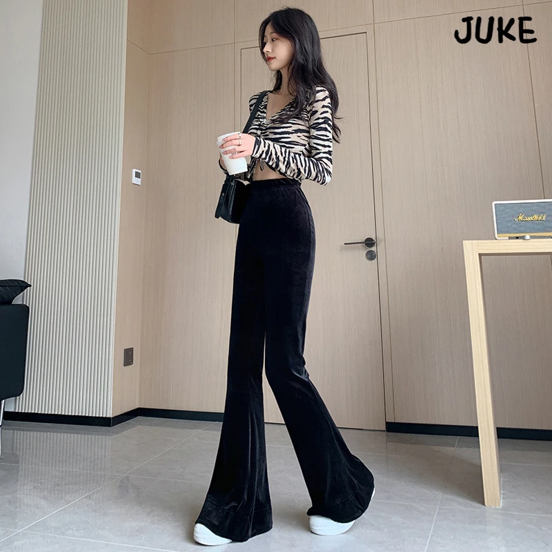 金丝绒喇叭裤女秋冬2025款松紧腰马蹄裤垂感宽松直筒拖地长裤
