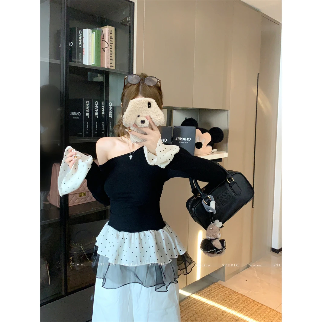 2025秋装新款拼接网纱波点斜肩打底衫女长袖上衣韩系纯欲风设