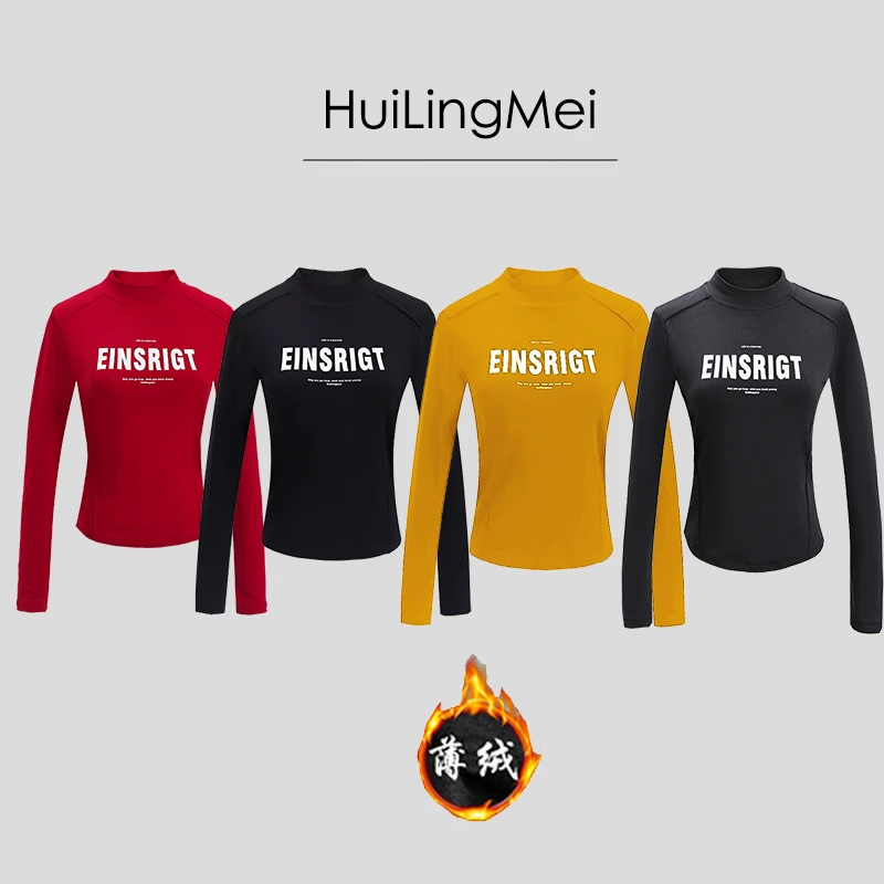 25//秋冬新款女士半高领薄绒修身字母印花百搭上衣长袖