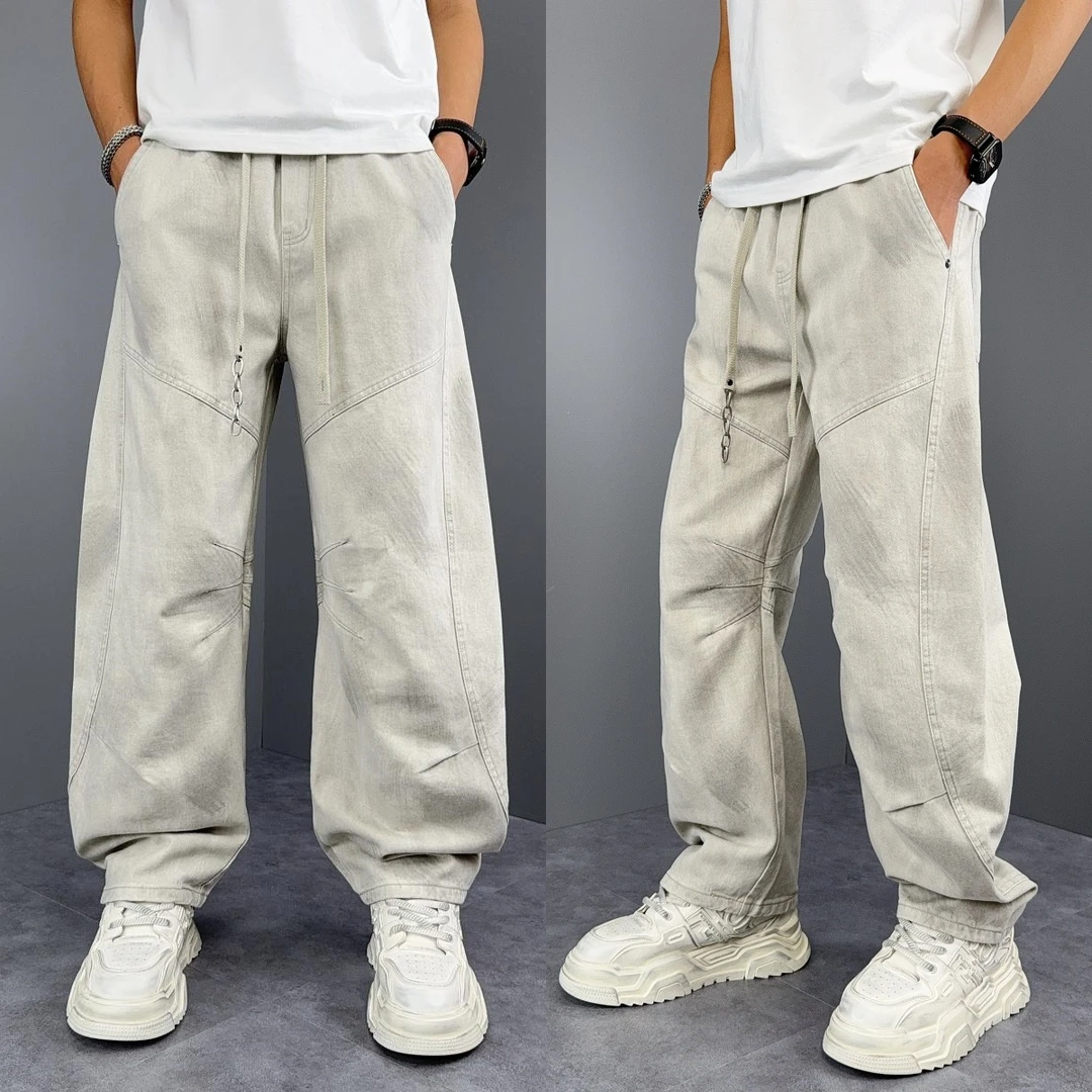 美式百搭褶皱牛仔裤男士秋季新款设计感直筒休闲裤宽松工装弯刀裤